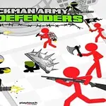 Dibujos de figuras de palitos en combate, con armas y barreras, sobre un fondo blanco y ciudad estilizada