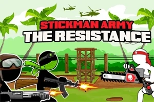 Dos figuras de stickman armadas enfrentándose en un entorno tropical con helicópteros en el cielo