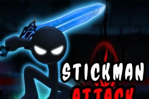 Figura de stickman con una espada luminosa azul y ojos brillantes en un entorno oscuro