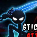 Figura de stickman con una espada luminosa azul y ojos brillantes en un entorno oscuro