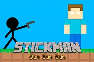 Un personaje de palo negro apuntando con un arma a un personaje pixelado en un fondo azul, con texto en la parte inferior