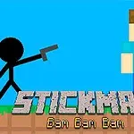 Un personaje de palo negro apuntando con un arma a un personaje pixelado en un fondo azul, con texto en la parte inferior