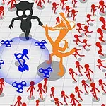 Personajes de palo rojos y dos figuras grandes, una negra y otra naranja, en un entorno de cuadrícula con varios fidget spinners azules