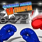 Un stickman en shorts de boxeo recibe un golpe con guantes rojos, mientras unos guantes azules se ven en primer plano en un ring de boxeo
