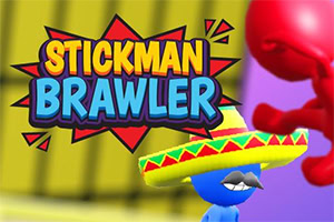 Dibujo de una figura azul con bigote y sombrero colorido junto a un personaje rojo, con texto Stickman Brawler en estilo de cómic
