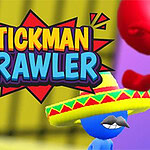 Dibujo de una figura azul con bigote y sombrero colorido junto a un personaje rojo, con texto Stickman Brawler en estilo de cómic