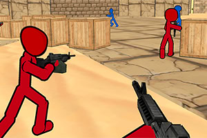 Personajes en rojo y azul con armas en un entorno similar a un almacén con cajas de madera