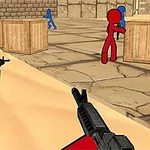 Personajes en rojo y azul con armas en un entorno similar a un almacén con cajas de madera