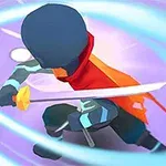 Personaje con máscara y capa roja blandiendo una espada en medio de un movimiento rápido con efectos de luz a su alrededor