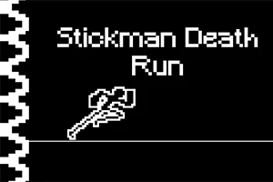 Texto en blanco sobre un fondo negro con las palabras Stickman Death Run y una figura de stickman corriendo
