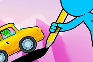Un personaje azul sostiene un lápiz amarillo dibujando un camino para un coche amarillo con un pequeño dinosaurio verde adentro