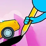 Un personaje azul sostiene un lápiz amarillo dibujando un camino para un coche amarillo con un pequeño dinosaurio verde adentro