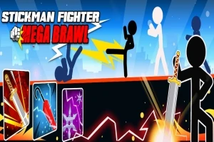 Personajes stickman en una batalla con espadas y efectos de combate en un fondo urbano
