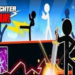Personajes stickman en una batalla con espadas y efectos de combate en un fondo urbano