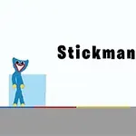 Personaje azul con una gran sonrisa junto a un texto que dice Stickman Huggy sobre un fondo blanco y gris