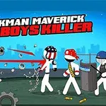 Personajes de palo con armas enfrentándose en un escenario urbano bajo el cielo azul, con un helicóptero en el fondo