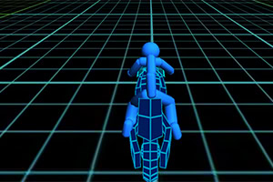 Persona en motocicleta azul en un entorno digital con una cuadrícula abstracta