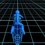 Persona en motocicleta azul en un entorno digital con una cuadrícula abstracta