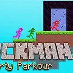 Personajes coloridos de palo corren hacia una puerta en un fondo pixelado con un título grande y llamativo