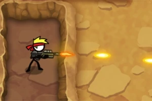 Personaje dibujado con una bandana roja disparando un arma en un entorno de cuevas rocosas