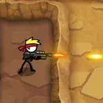 Personaje dibujado con una bandana roja disparando un arma en un entorno de cuevas rocosas