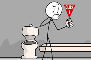 Dibujo de una figura de palo sosteniendo un teléfono con un triángulo rojo que dice CLICK!