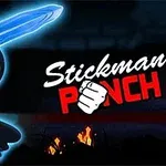 Figura de stickman con ojos brillantes, sosteniendo una espada azul luminosa, junto al texto Stickman Punch