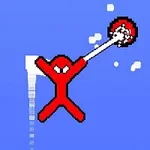 Personaje rojo de diseño pixelado colgado de un gancho sobre un fondo azul
