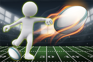 Figura humanoide pateando un balón de rugby con efecto de velocidad en un campo iluminado