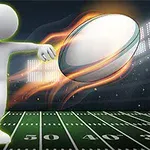 Figura humanoide pateando un balón de rugby con efecto de velocidad en un campo iluminado