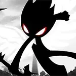 Figura oscura con ojos rojos brillantes y alas blancas sosteniendo una espada en un fondo en escala de grises