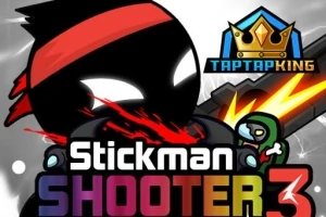 Personaje stickman con cinta roja y ojos brillantes, disparando a un zombie con un fondo de explosión