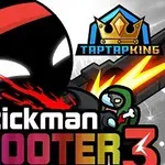 Personaje stickman con cinta roja y ojos brillantes, disparando a un zombie con un fondo de explosión