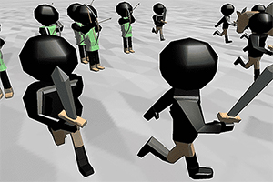 Un grupo de figuras humanoides en un entorno simplificado portando espadas y escudos en una formación de combate