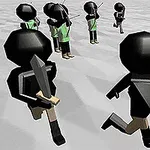 Un grupo de figuras humanoides en un entorno simplificado portando espadas y escudos en una formación de combate