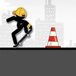Persona en patineta saltando en una ciudad con edificios de fondo, junto a una pila de llantas y un cono de tráfico