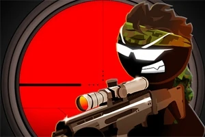 Figura de palo armado con rifle y gafas de sol, sobre fondo de mira telescópica roja