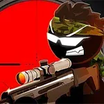 Figura de palo armado con rifle y gafas de sol, sobre fondo de mira telescópica roja