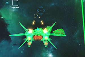 Nave espacial verde en un entorno de batalla espacial con efectos de luz y estrellas de fondo