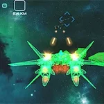 Nave espacial verde en un entorno de batalla espacial con efectos de luz y estrellas de fondo