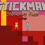 Dos personajes de estilo pixelado sobre un fondo rojo con texto que dice Stickman Steve vs Alex