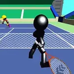 Dos figuras de palitos jugando tenis en una cancha con gradas en el fondo