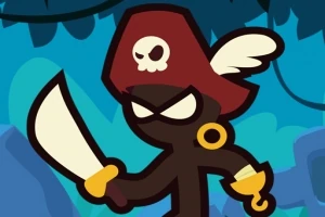 Pirata de caricatura con sombrero rojo y calavera, sosteniendo un machete en un entorno de selva