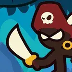 Pirata de caricatura con sombrero rojo y calavera, sosteniendo un machete en un entorno de selva