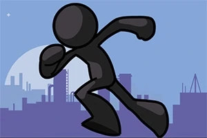 Figura de silueta negra corriendo frente a un fondo urbano azul con edificios industriales