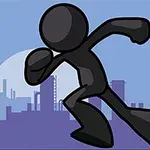 Figura de silueta negra corriendo frente a un fondo urbano azul con edificios industriales