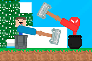 Dos personajes pixelados con martillos grandes enfrentándose, uno con camisa azul y otro con camisa roja, sobre un fondo de cielo y árboles