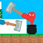 Dos personajes pixelados con martillos grandes enfrentándose, uno con camisa azul y otro con camisa roja, sobre un fondo de cielo y árboles