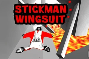 Personaje tipo stickman volando con un traje aéreo sobre un río de lava en un entorno gris angular
