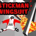 Personaje tipo stickman volando con un traje aéreo sobre un río de lava en un entorno gris angular